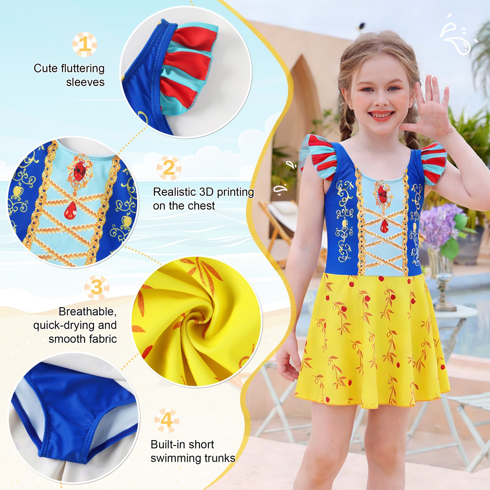 Marendyee Girls Princess Swimsuits for Girls One Piece Short Sleeve Swim Dress with Skirt UPF 50+ Floral Bright Bathing Suits for 3-10 Years - 图片 4