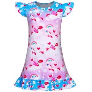 JurebeciaGirls Unicorn Nightgowns Soft Nightgown Flutter Short Sleeves Nightdress Nightie Dress Sleepwear Pajamas for Little Girls 110 cm 3-4 Years