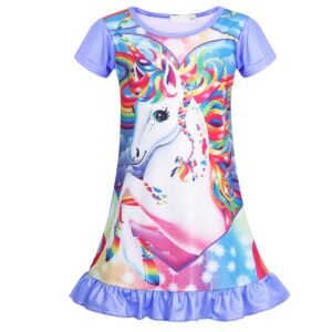 Jurebecia Nightgowns Unicorn Sleepwear Night Sleep Dress Flutter Sleeve Pajamas Soft Nightgown Purple 140 cm 7-8 Years