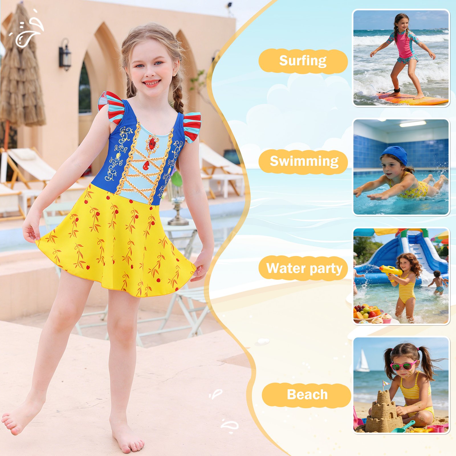Marendyee Girls Princess Swimsuits for Girls One Piece Short Sleeve Swim Dress with Skirt UPF 50+ Floral Bright Bathing Suits for 3-10 Years - 图片 5