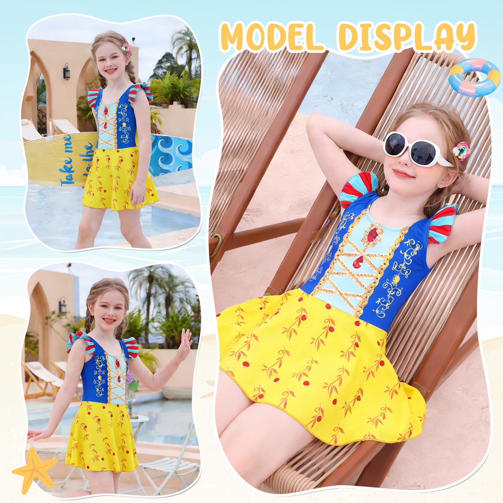 Marendyee Girls Princess Swimsuits for Girls One Piece Short Sleeve Swim Dress with Skirt UPF 50+ Floral Bright Bathing Suits for 3-10 Years - 图片 6