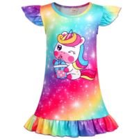 Jurebecia Nightgown for Girls Unicorn Night Dress Toddler Kids Nightshirt Nightie Sleepwear Pajamas Sleep Clothes Soft Nightgown 110 cm 3-4 Years