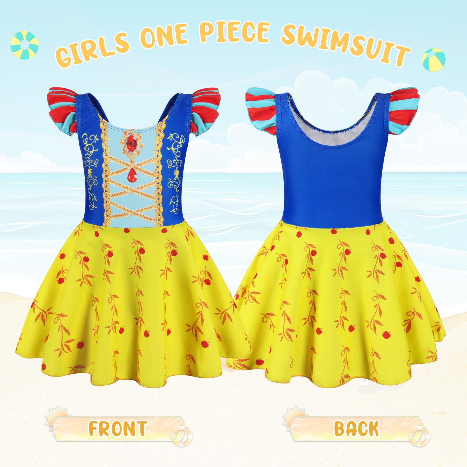 Marendyee Girls Princess Swimsuits for Girls One Piece Short Sleeve Swim Dress with Skirt UPF 50+ Floral Bright Bathing Suits for 3-10 Years - 图片 8