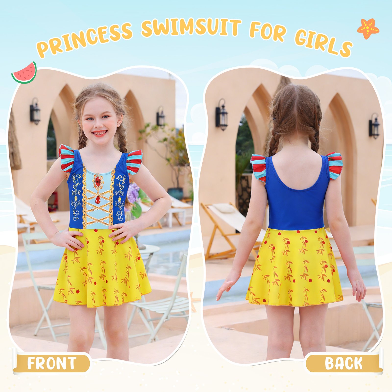 Marendyee Girls Princess Swimsuits for Girls One Piece Short Sleeve Swim Dress with Skirt UPF 50+ Floral Bright Bathing Suits for 3-10 Years - 图片 7