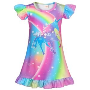 Jurebecia Girls Nightgowns Rainbow Unicorn Nightgown Princess Pajama Dresses for Girls Sleepwear Night Kids Toddler Soft Nightgown 110 CM 3-4 Years
