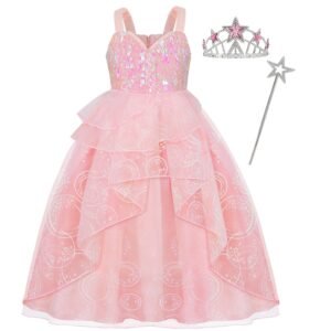 Marendyee Wicked Glinda Dress for Girls Pink Tulle and Sequin Witch Dress for Kids Halloween Cosplay Costumes