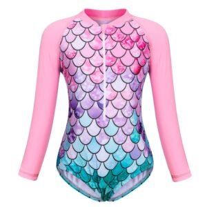 Marendyee Girls Mermaid Long Sleeve Swimsuit One Piece Bathing Suit Zipper with UPF 50+ Rashguard Swimwear Printed One Piece Beach 5-6 Years 120 CM