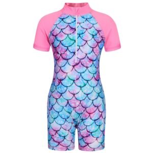Marendyee Girls Mermaid Swimsuit One Piece Bathing Suit Zipper with UPF 50+ Rashguard Swimwear Printed One Piece Beach 5-6 Years 120 CM