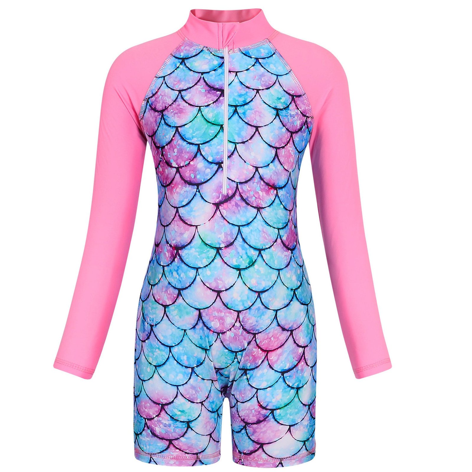 Marendyee Girls Mermaid Swimming One Piece Swimsuits for Toddler Long Sleeve Mermaid Scales Swimwear UPF 50 Sun Protection with Zipper 120 cm 5-6 Years