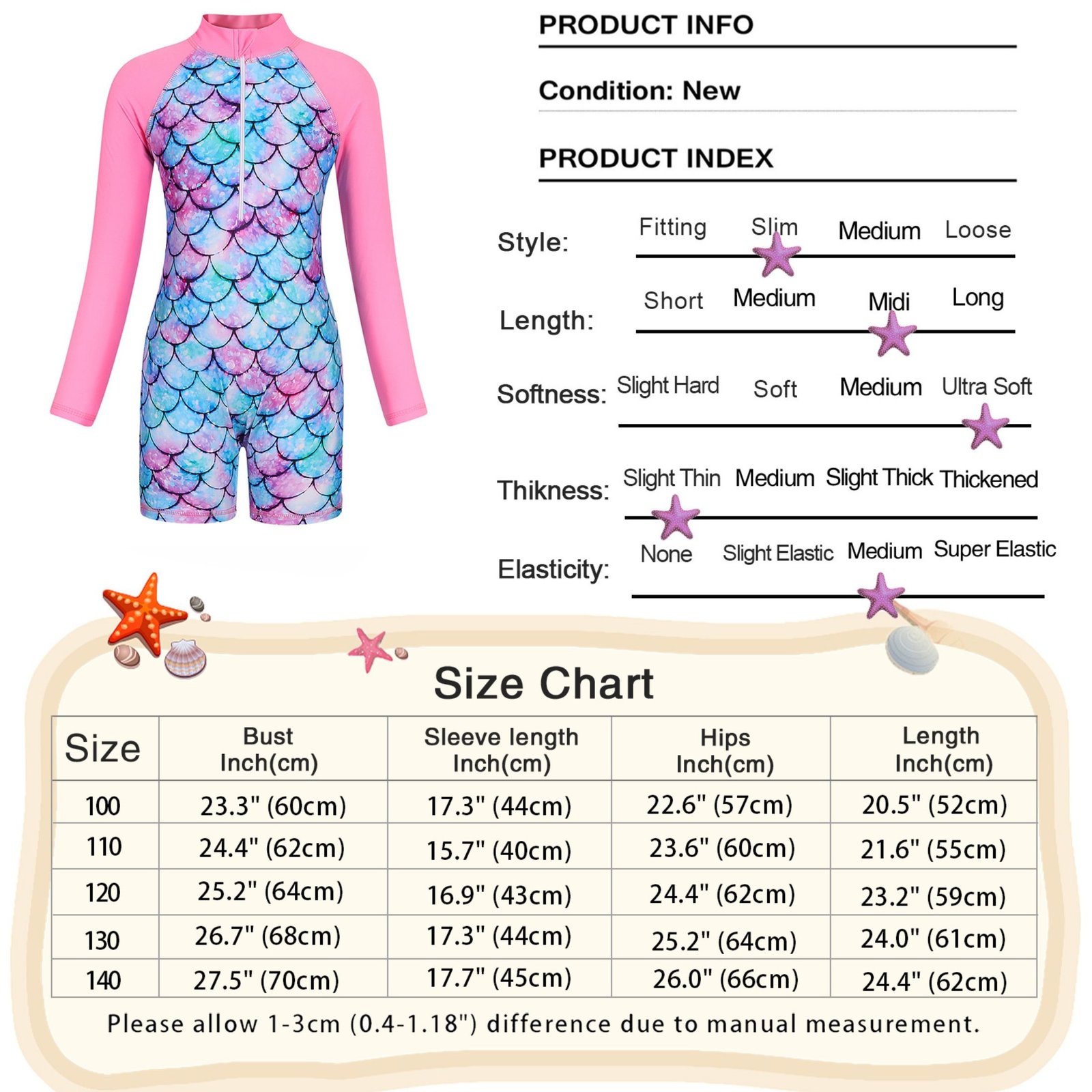Marendyee Girls Mermaid Swimming One Piece Swimsuits for Toddler Long Sleeve Mermaid Scales Swimwear UPF 50 Sun Protection with Zipper 120 cm 5-6 Years - 图片 3