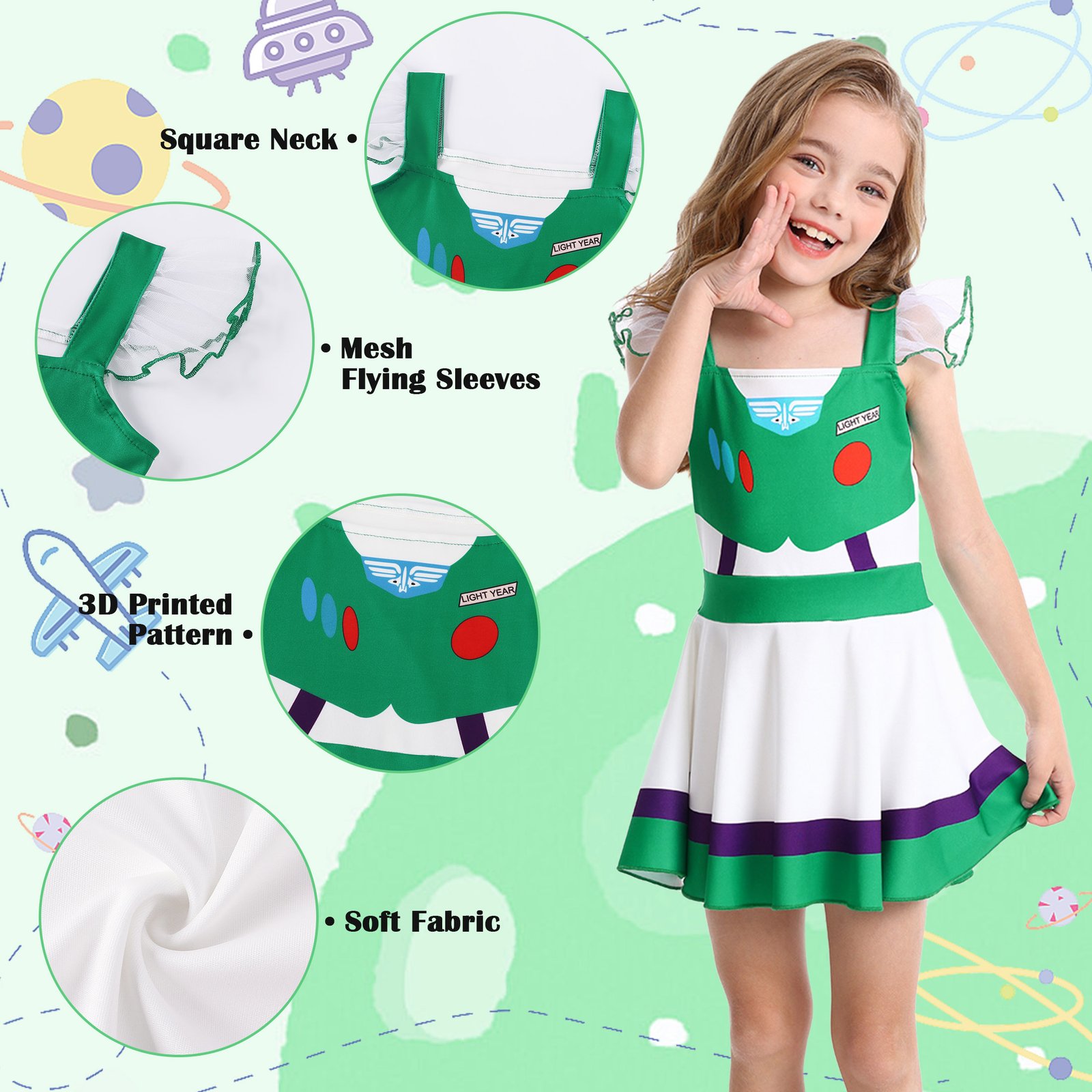 Benylion Girls Buzz Lightyear Dress Toy Story Costume Summer Dress Halloween Birthday Party Cosplay Outfit - 图片 3