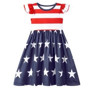 Benylion Girls 4th of July Girls Dress Independence Day Dresses American Flag Striped Flutter Sleeve Sundress Patriotic Outfits