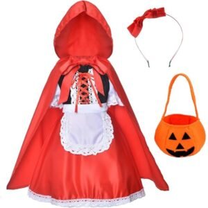 Benylion Little Red Riding Hood Dress Christmas Cosplay Costumes for Girls With Cloak,Headband,Bag