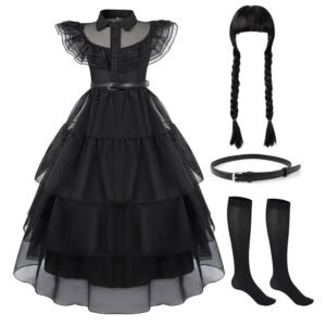 Benylion Black Costume for Girls Halloween Cosplay Costume Toddler Family Party Dress Up Outfit with Wig Stockings