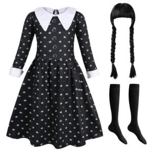 Benylion Girls Black Costume with Wig Socks Toddler Black Family Dress Halloween Cosplay Outfits
