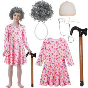 Benylion 100 Days of School Kids Old Lady Costume Girls Granny Dress 100 Year Grandma Halloween Cosplay Outfit