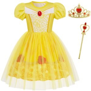 Jurebecia Girls Yellow Dress up Costume Set with Crown and Wand Tulle Halloween Princess Party Costume 2-3 Years