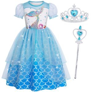 Jurebecia Girls Mermaid Princess Dress up Costume 3 Piece Set with Crown and Wand Ocean Fish Scale Tulle Outfit 5-6 Years