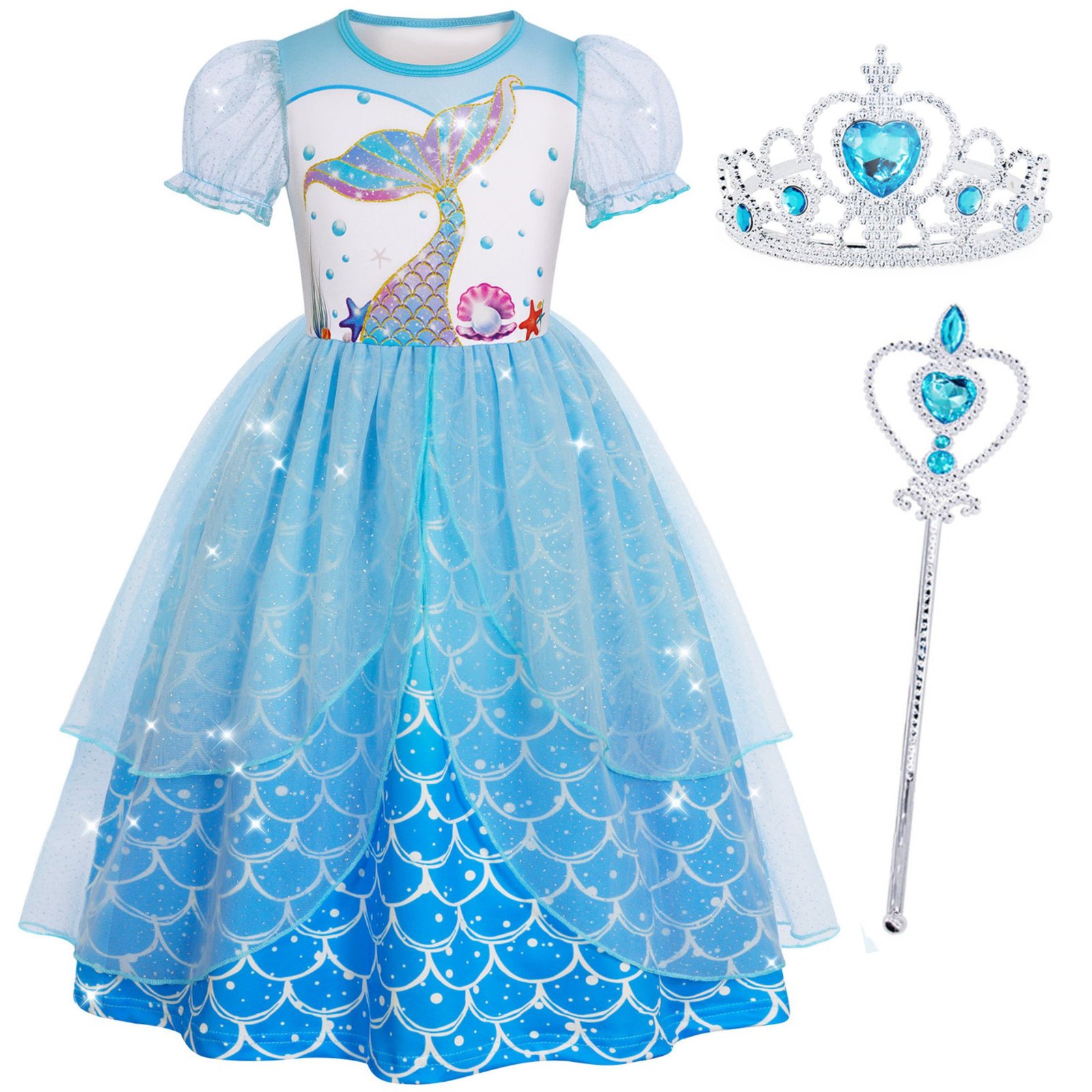Jurebecia Girls Mermaid Princess Dress up Costume 3 Piece Set with Crown and Wand Ocean Fish Scale Tulle Outfit 5-6 Years