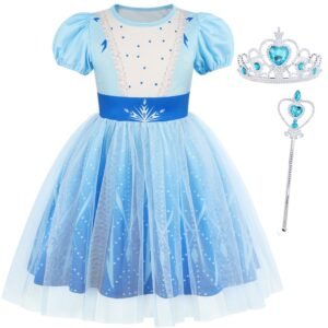 Jurebecia Girls Blue Dress up Costume Set with Crown Wand Ice Snowflake Tulle Halloween Party Dresses 2-3 Years