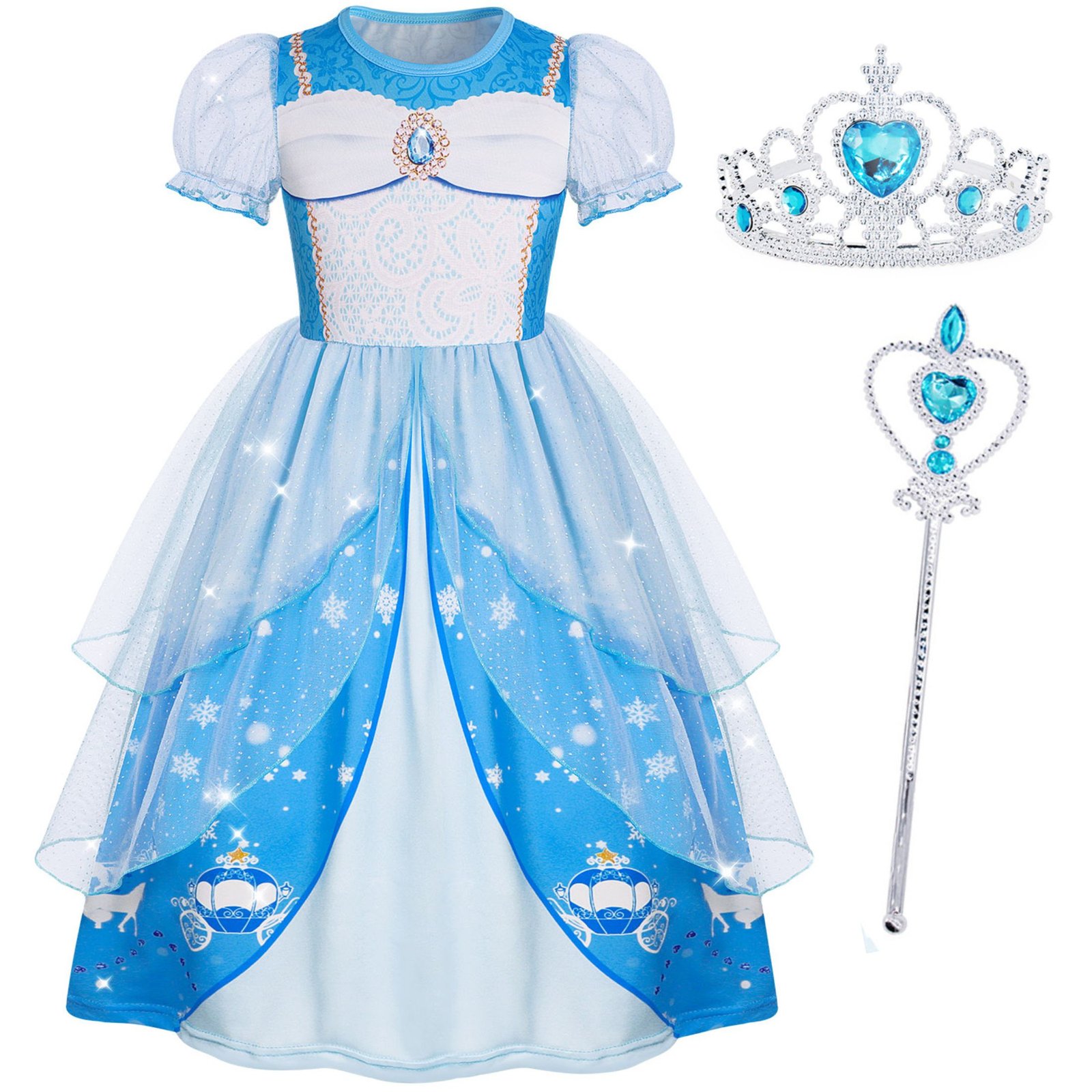 Jurebecia Girls Blue Princess Dress up Costume 3 Piece Set with Crown and Wand Carriage Print Tulle Party Dresses 5-6 Years