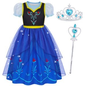 Jurebecia Girls Royal Blue Dress up Costume 3-Piece Set with Crown and Wand - Nordic Floral Tulle Party Dresses 3-4 Years