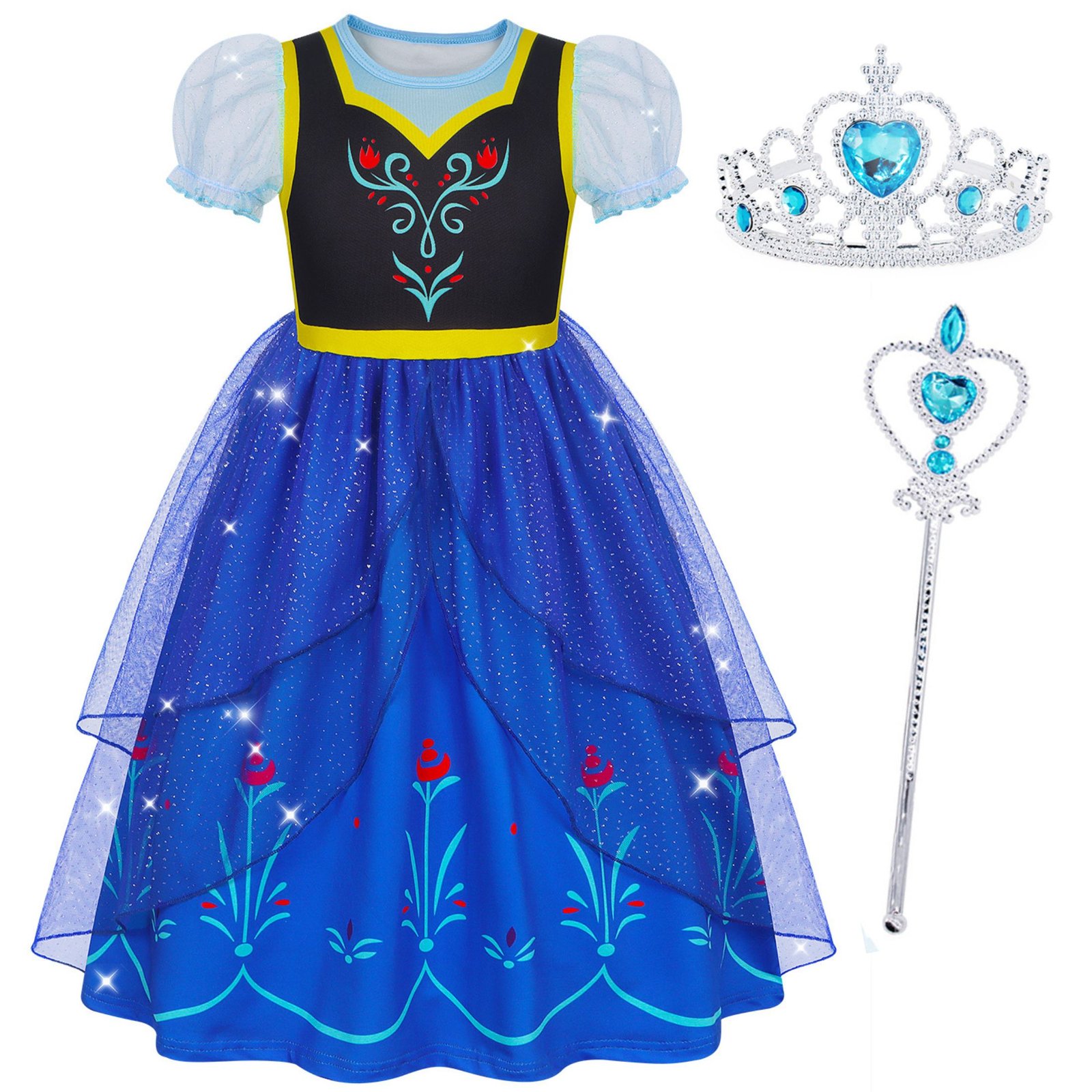 Jurebecia Girls Royal Blue Dress up Costume 3-Piece Set with Crown and Wand - Nordic Floral Tulle Party Dresses 3-4 Years
