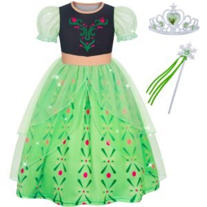 Jurebecia Girls Green Princess Dress up Costume 3-Piece Set with Crown and Wand Nordic Floral Tulle Party Dresses