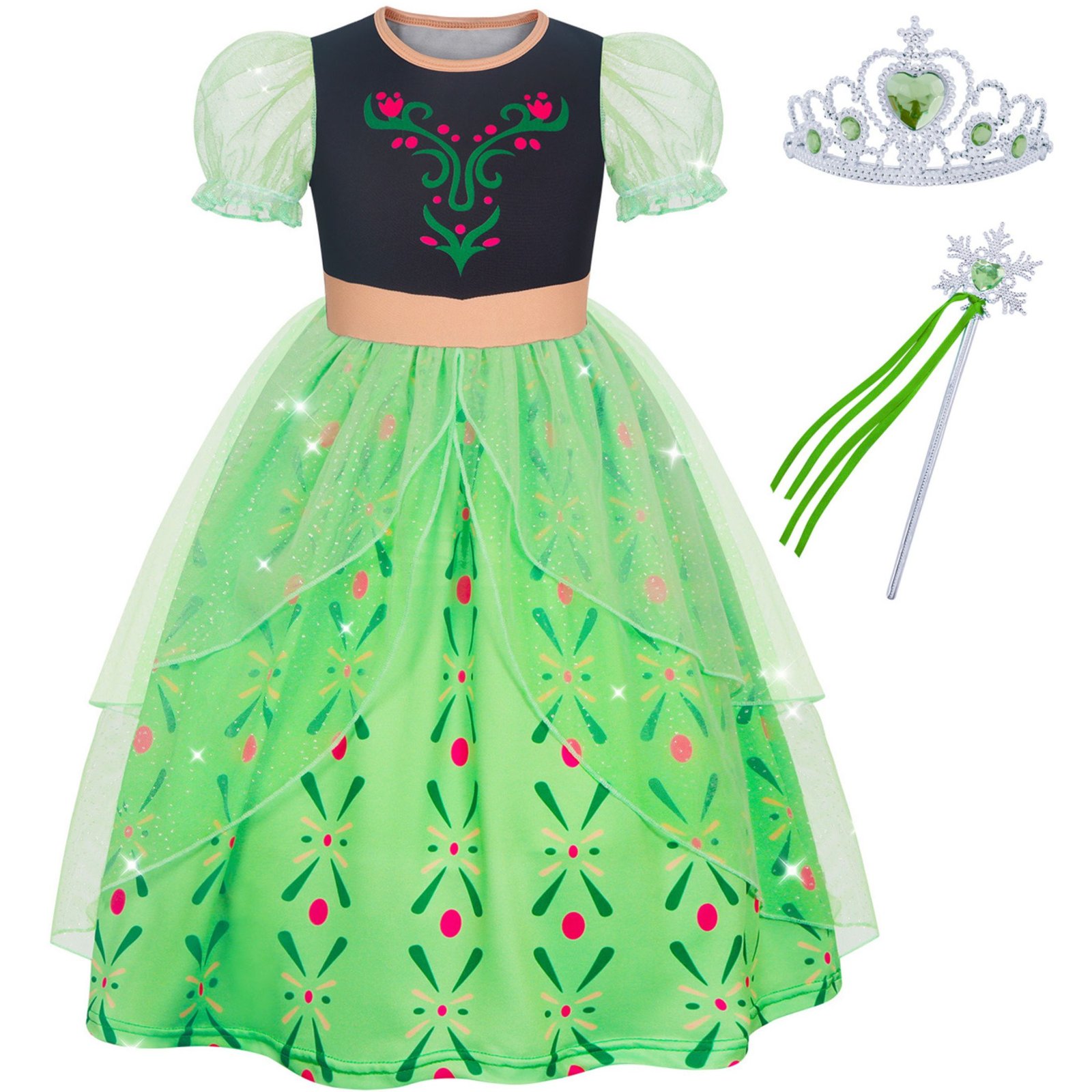 Jurebecia Girls Green Princess Dress up Costume 3-Piece Set with Crown and Wand Nordic Floral Tulle Party Dresses