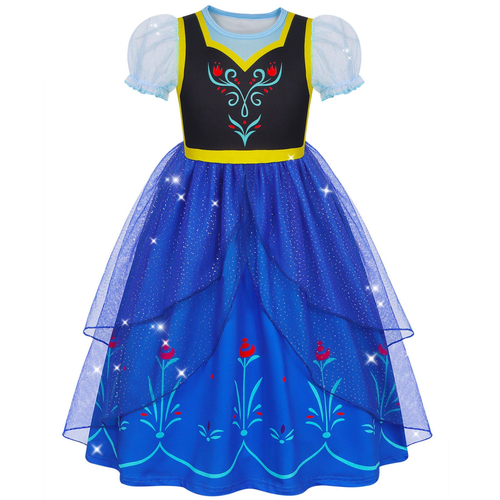 Jurebecia Girls Royal Blue Dress up Costume 3-Piece Set with Crown and Wand - Nordic Floral Tulle Party Dresses 3-4 Years - 图片 4
