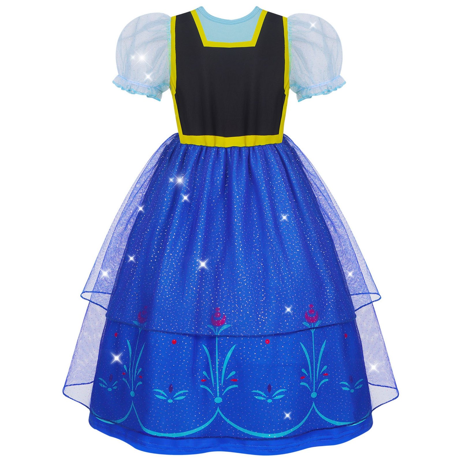 Jurebecia Girls Royal Blue Dress up Costume 3-Piece Set with Crown and Wand - Nordic Floral Tulle Party Dresses 3-4 Years - 图片 5