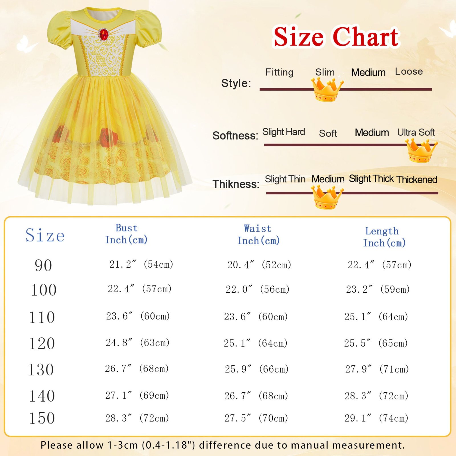 Jurebecia Girls Yellow Dress up Costume Set with Crown and Wand Tulle Halloween Princess Party Costume 2-3 Years - 图片 2