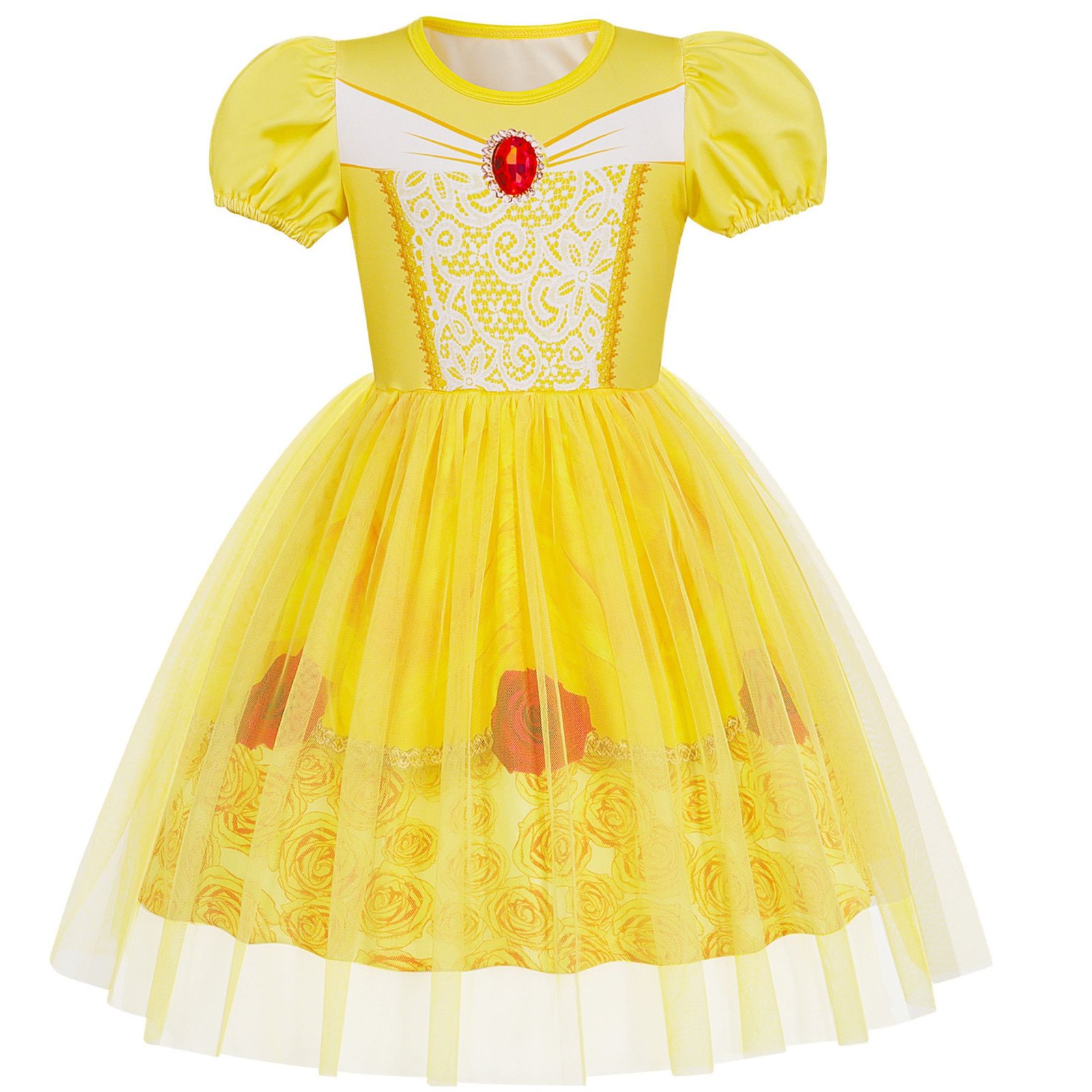 Jurebecia Girls Yellow Dress up Costume Set with Crown and Wand Tulle Halloween Princess Party Costume 2-3 Years - 图片 3