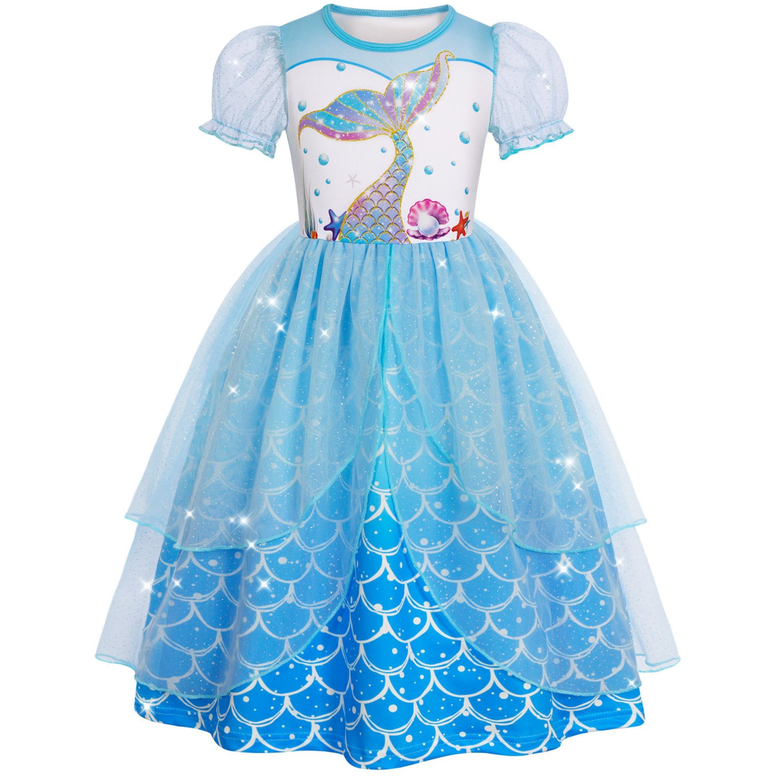 Jurebecia Girls Mermaid Princess Dress up Costume 3 Piece Set with Crown and Wand Ocean Fish Scale Tulle Outfit 5-6 Years - 图片 4