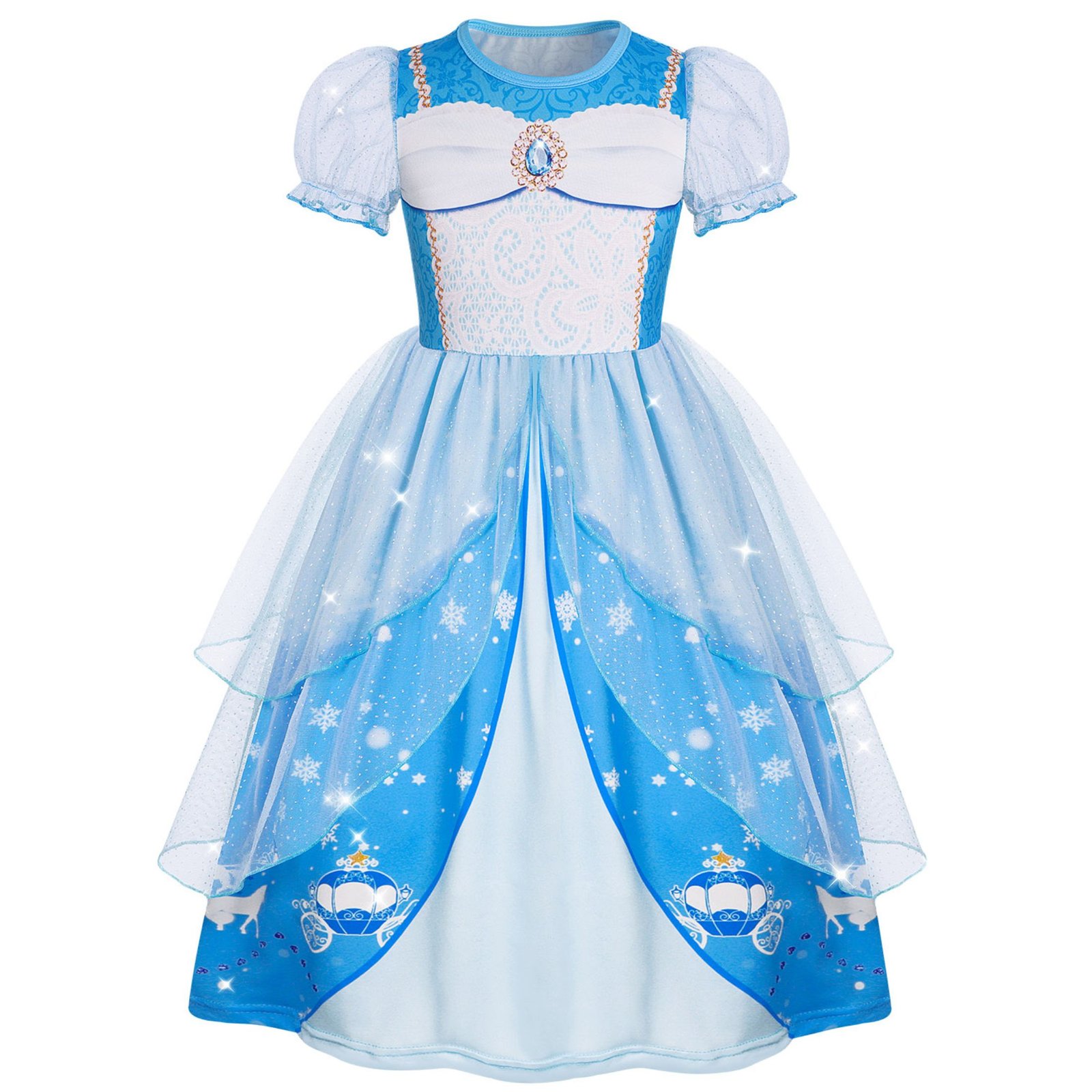 Jurebecia Girls Blue Princess Dress up Costume 3 Piece Set with Crown and Wand Carriage Print Tulle Party Dresses 5-6 Years - 图片 4