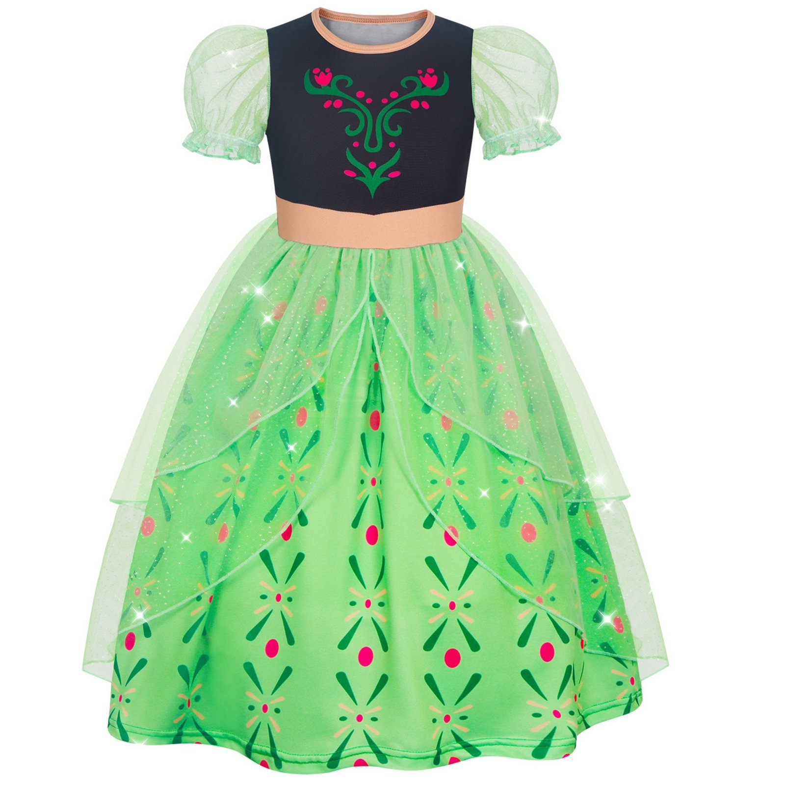 Jurebecia Girls Green Princess Dress up Costume 3-Piece Set with Crown and Wand Nordic Floral Tulle Party Dresses - 图片 4