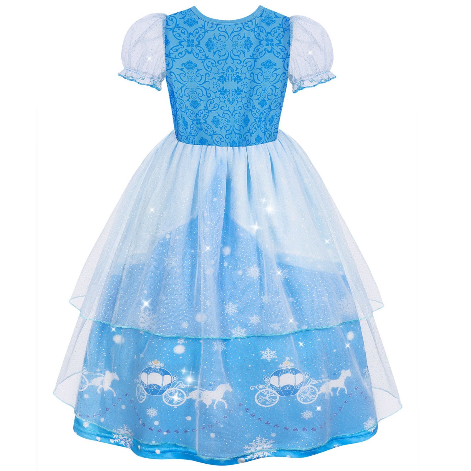 Jurebecia Girls Blue Princess Dress up Costume 3 Piece Set with Crown and Wand Carriage Print Tulle Party Dresses 5-6 Years - 图片 5