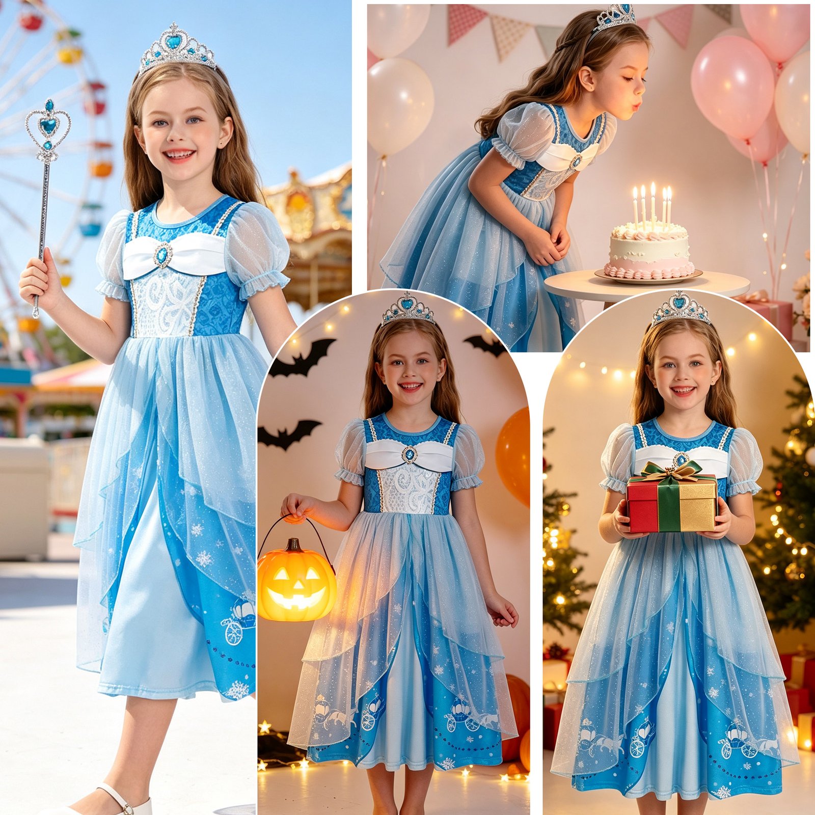 Jurebecia Girls Blue Princess Dress up Costume 3 Piece Set with Crown and Wand Carriage Print Tulle Party Dresses 5-6 Years - 图片 13