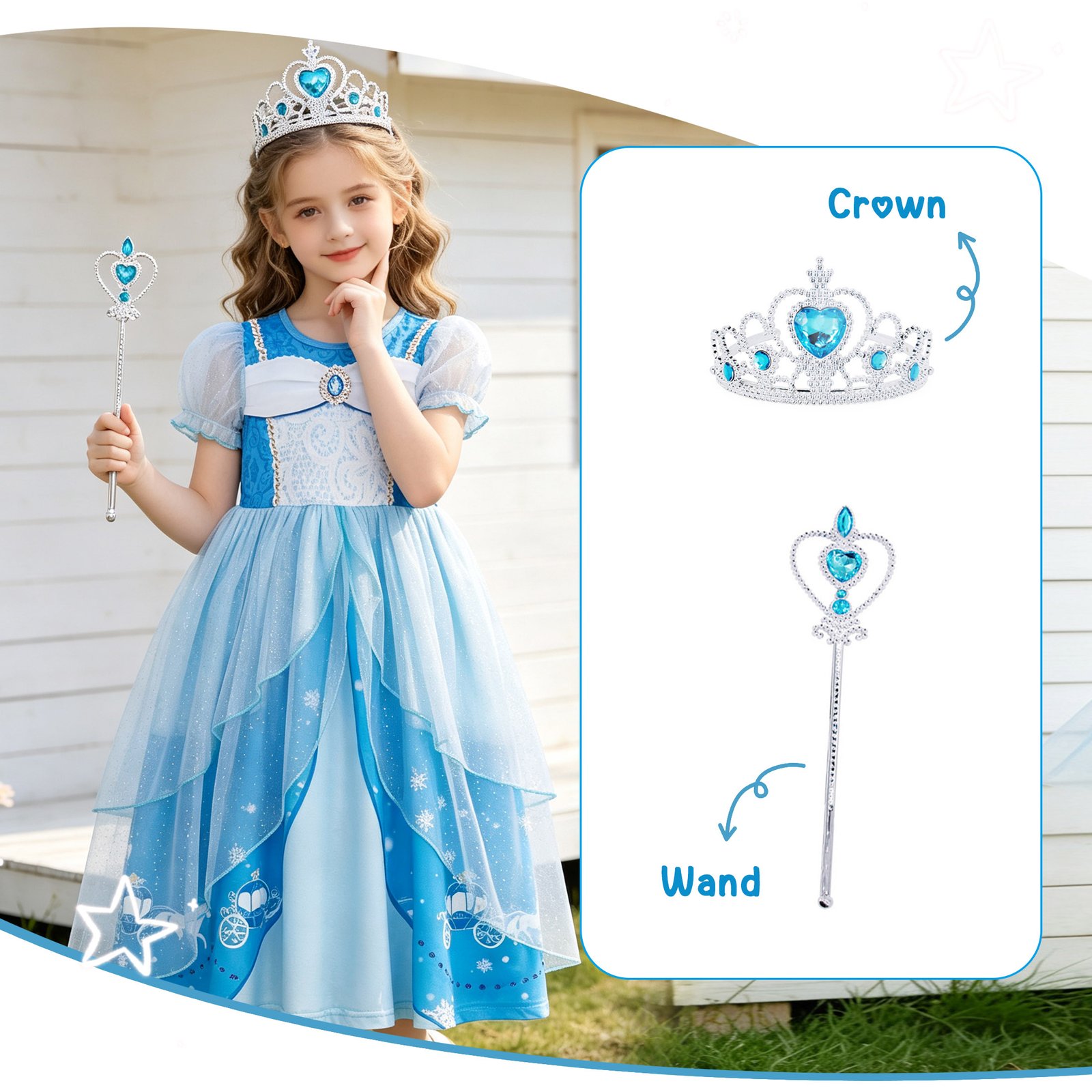 Jurebecia Girls Blue Princess Dress up Costume 3 Piece Set with Crown and Wand Carriage Print Tulle Party Dresses 5-6 Years - 图片 12