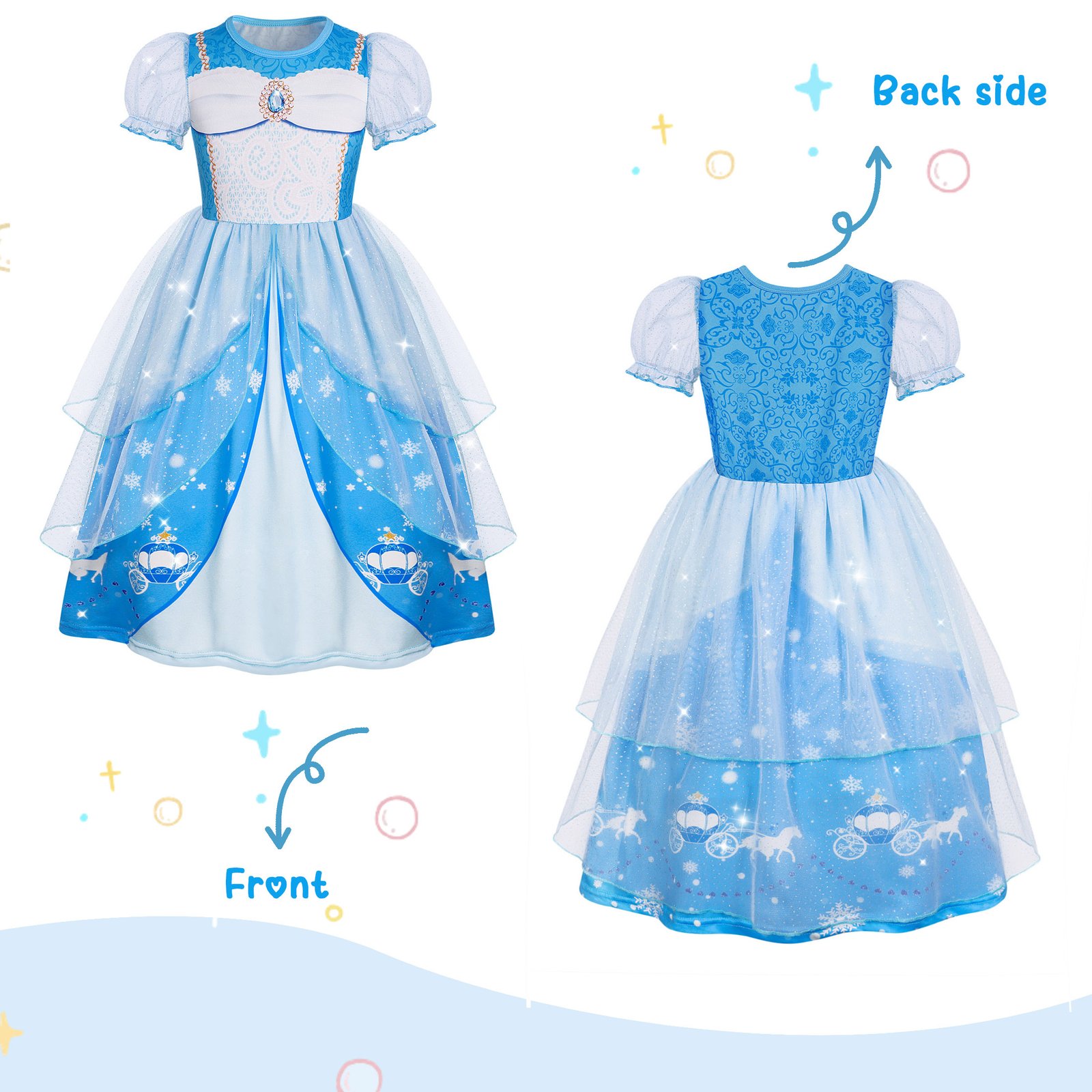 Jurebecia Girls Blue Princess Dress up Costume 3 Piece Set with Crown and Wand Carriage Print Tulle Party Dresses 5-6 Years - 图片 11
