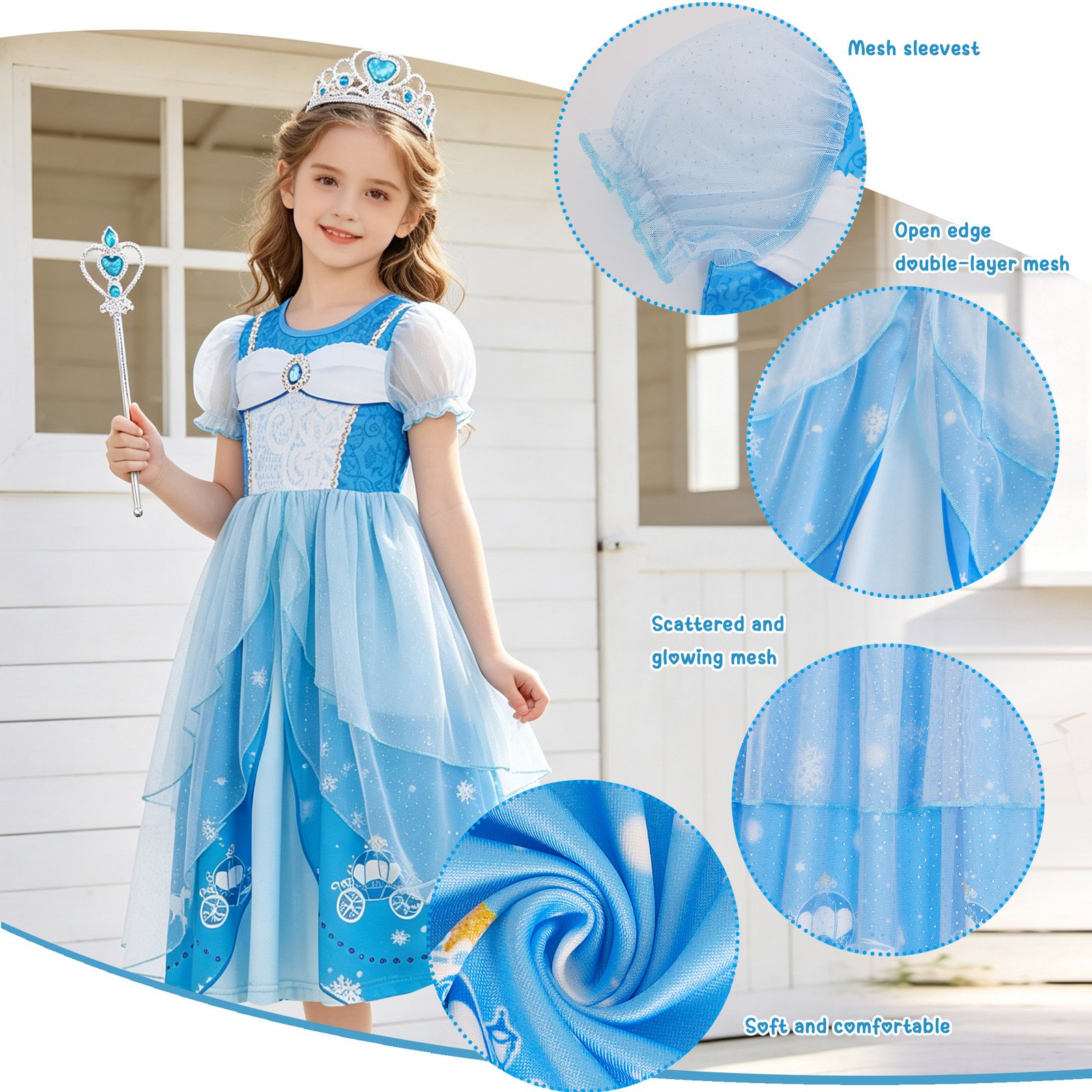 Jurebecia Girls Blue Princess Dress up Costume 3 Piece Set with Crown and Wand Carriage Print Tulle Party Dresses 5-6 Years - 图片 10