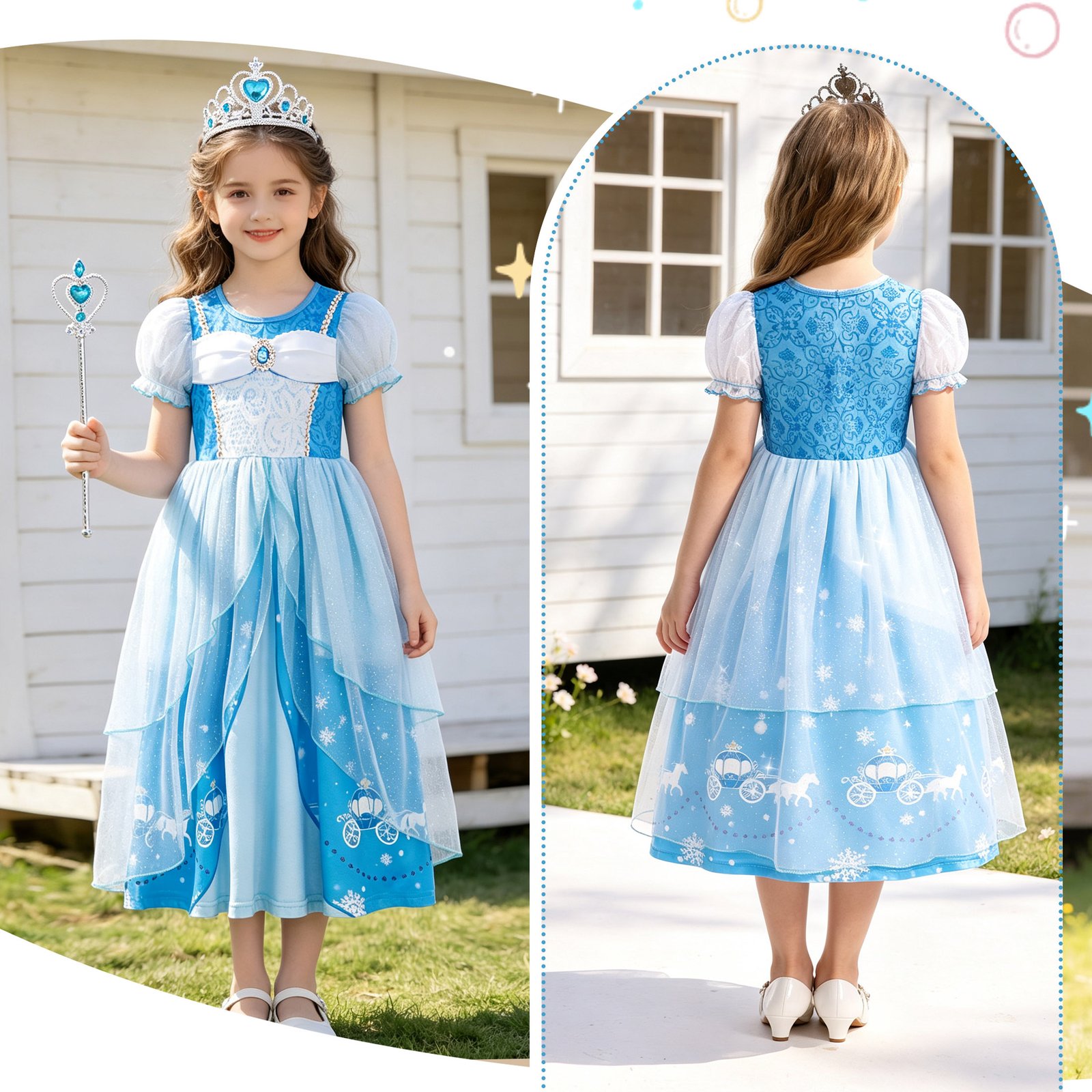Jurebecia Girls Blue Princess Dress up Costume 3 Piece Set with Crown and Wand Carriage Print Tulle Party Dresses 5-6 Years - 图片 9