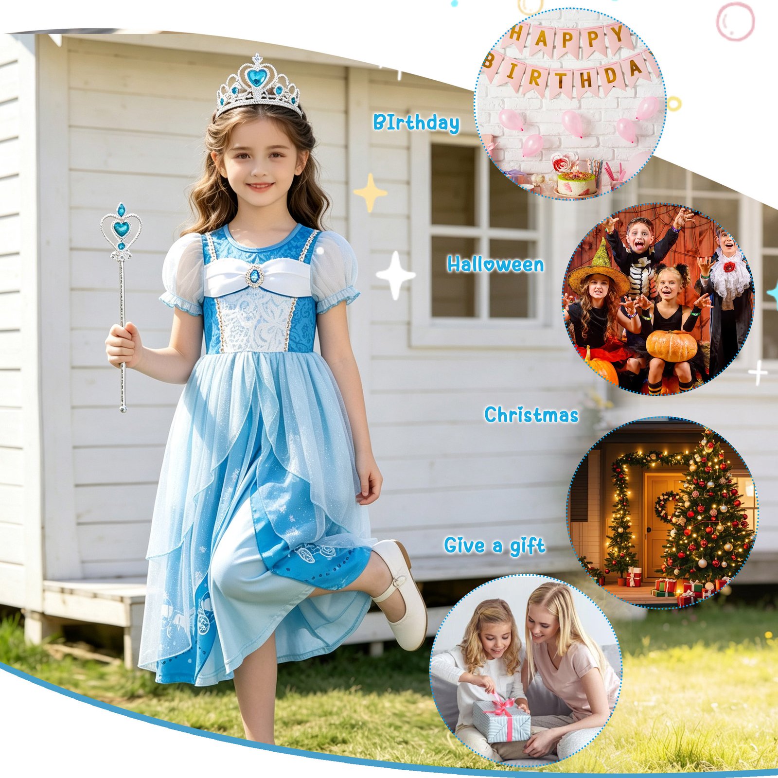 Jurebecia Girls Blue Princess Dress up Costume 3 Piece Set with Crown and Wand Carriage Print Tulle Party Dresses 5-6 Years - 图片 8