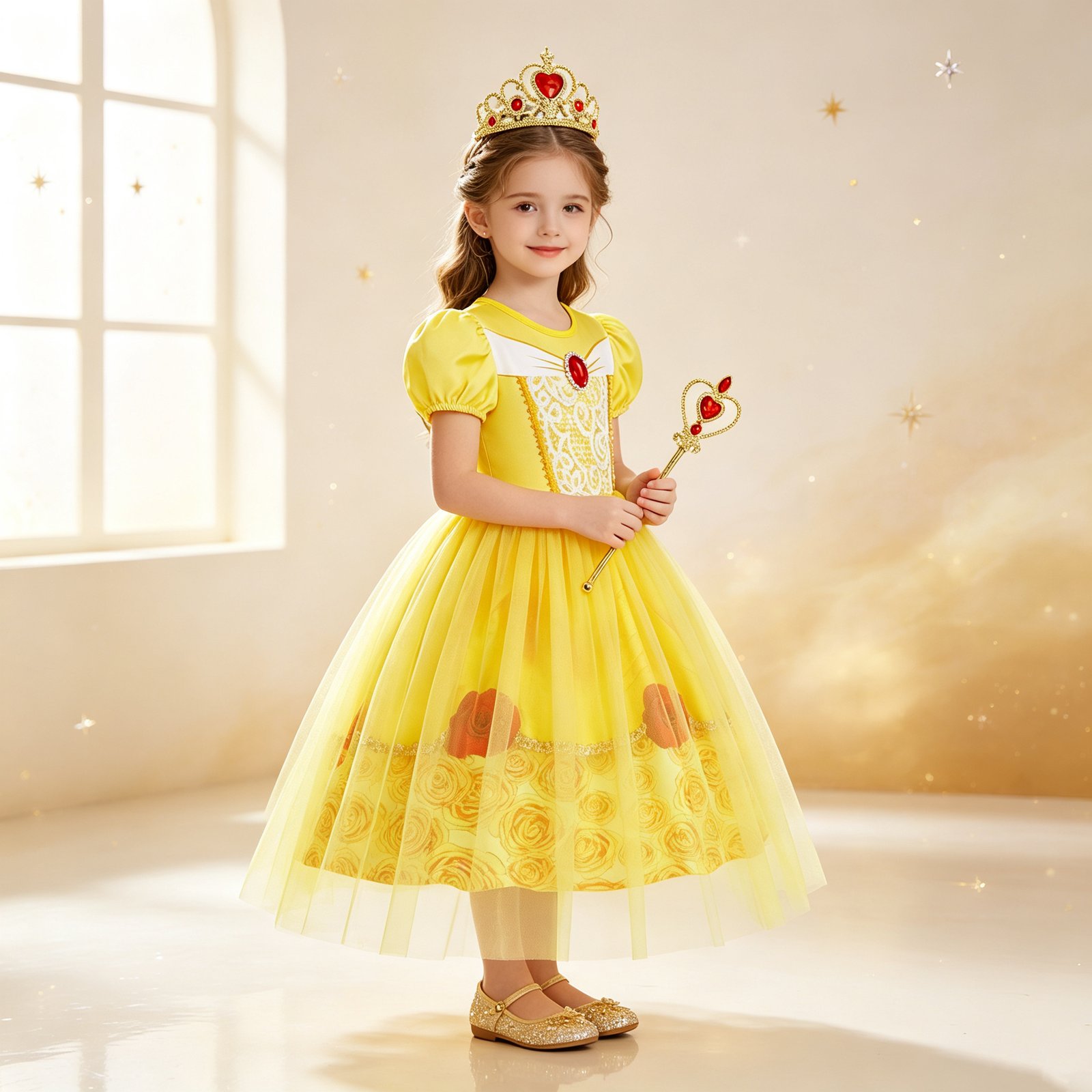 Jurebecia Girls Yellow Dress up Costume Set with Crown and Wand Tulle Halloween Princess Party Costume 2-3 Years - 图片 13