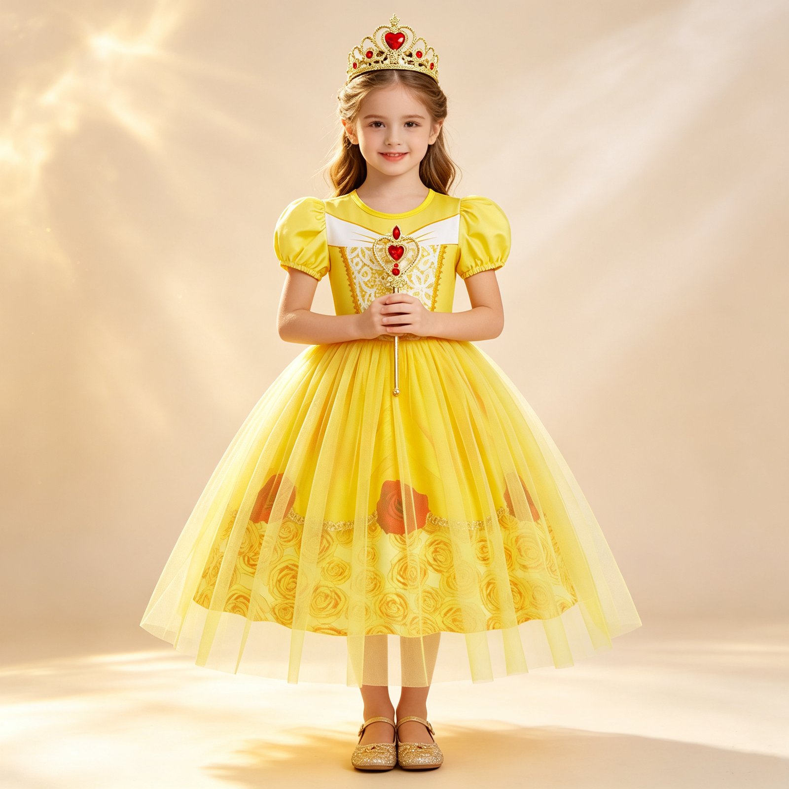 Jurebecia Girls Yellow Dress up Costume Set with Crown and Wand Tulle Halloween Princess Party Costume 2-3 Years - 图片 14