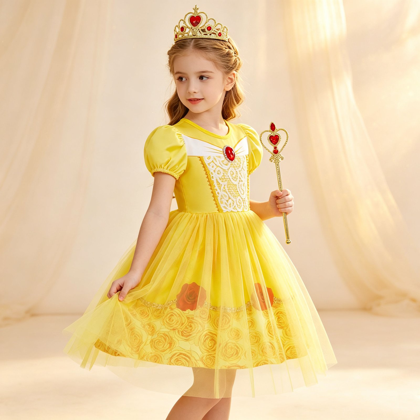 Jurebecia Girls Yellow Dress up Costume Set with Crown and Wand Tulle Halloween Princess Party Costume 2-3 Years - 图片 15