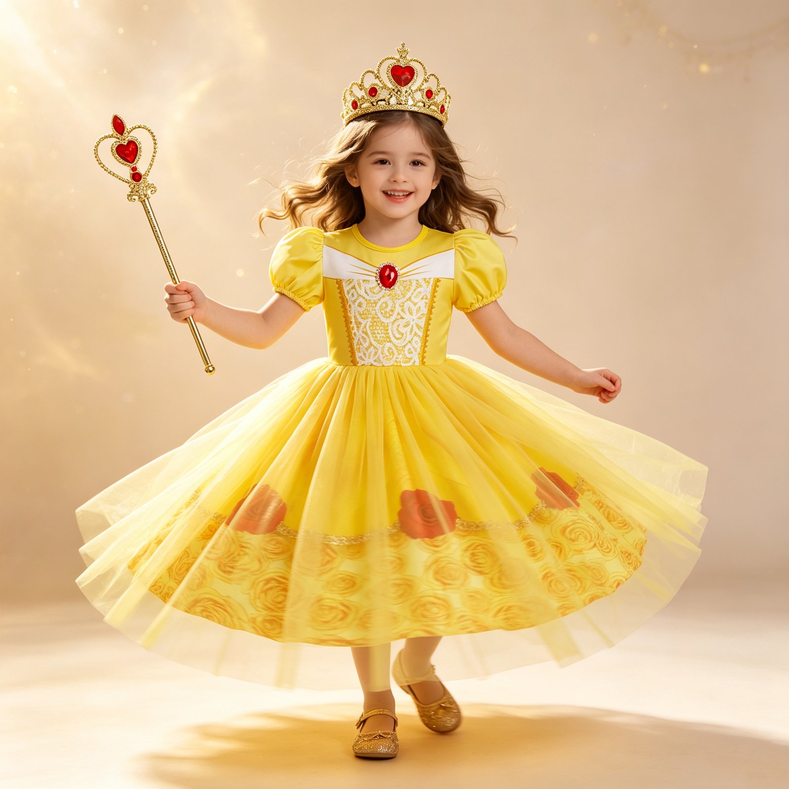 Jurebecia Girls Yellow Dress up Costume Set with Crown and Wand Tulle Halloween Princess Party Costume 2-3 Years - 图片 16
