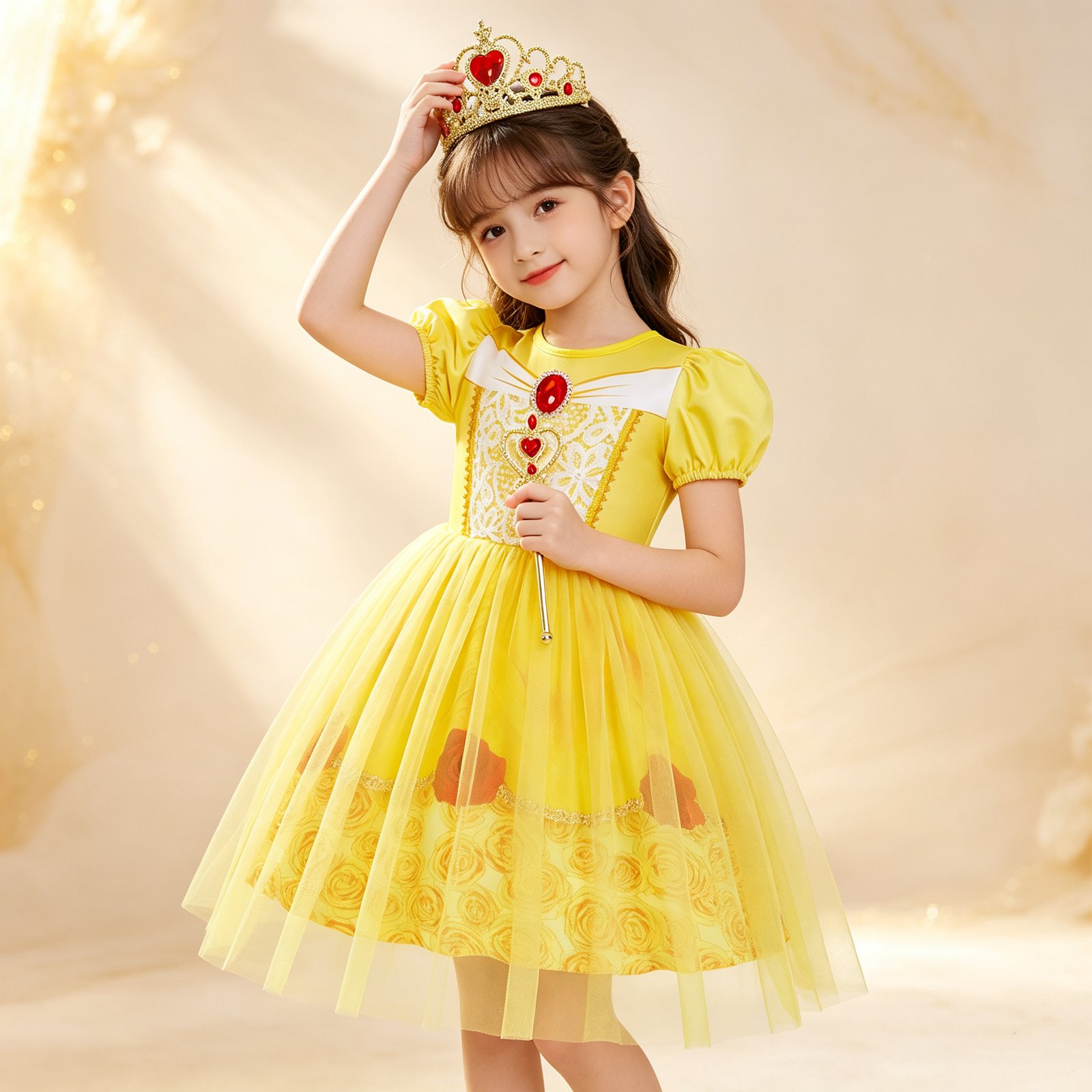 Jurebecia Girls Yellow Dress up Costume Set with Crown and Wand Tulle Halloween Princess Party Costume 2-3 Years - 图片 17