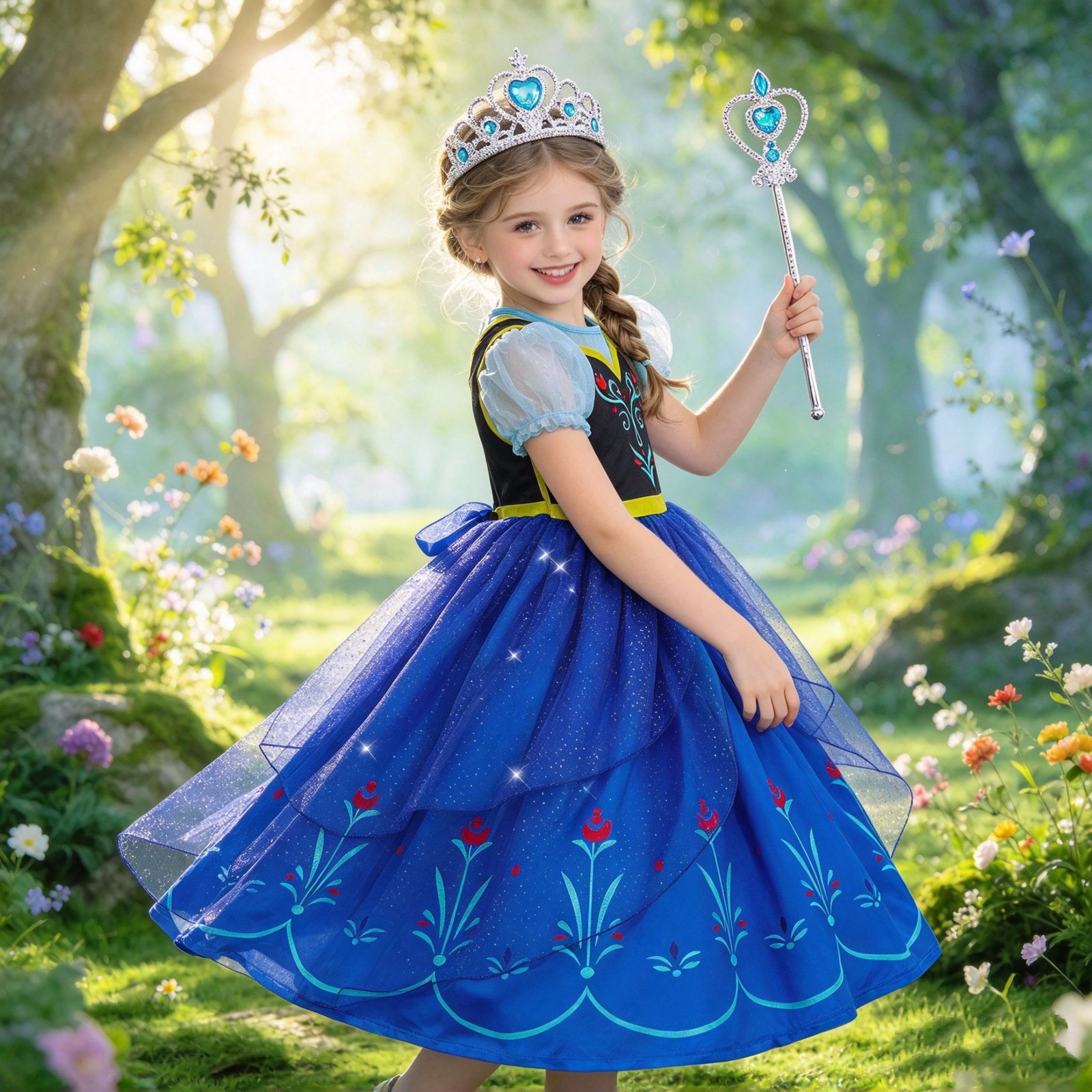 Jurebecia Girls Royal Blue Dress up Costume 3-Piece Set with Crown and Wand - Nordic Floral Tulle Party Dresses 3-4 Years - 图片 13