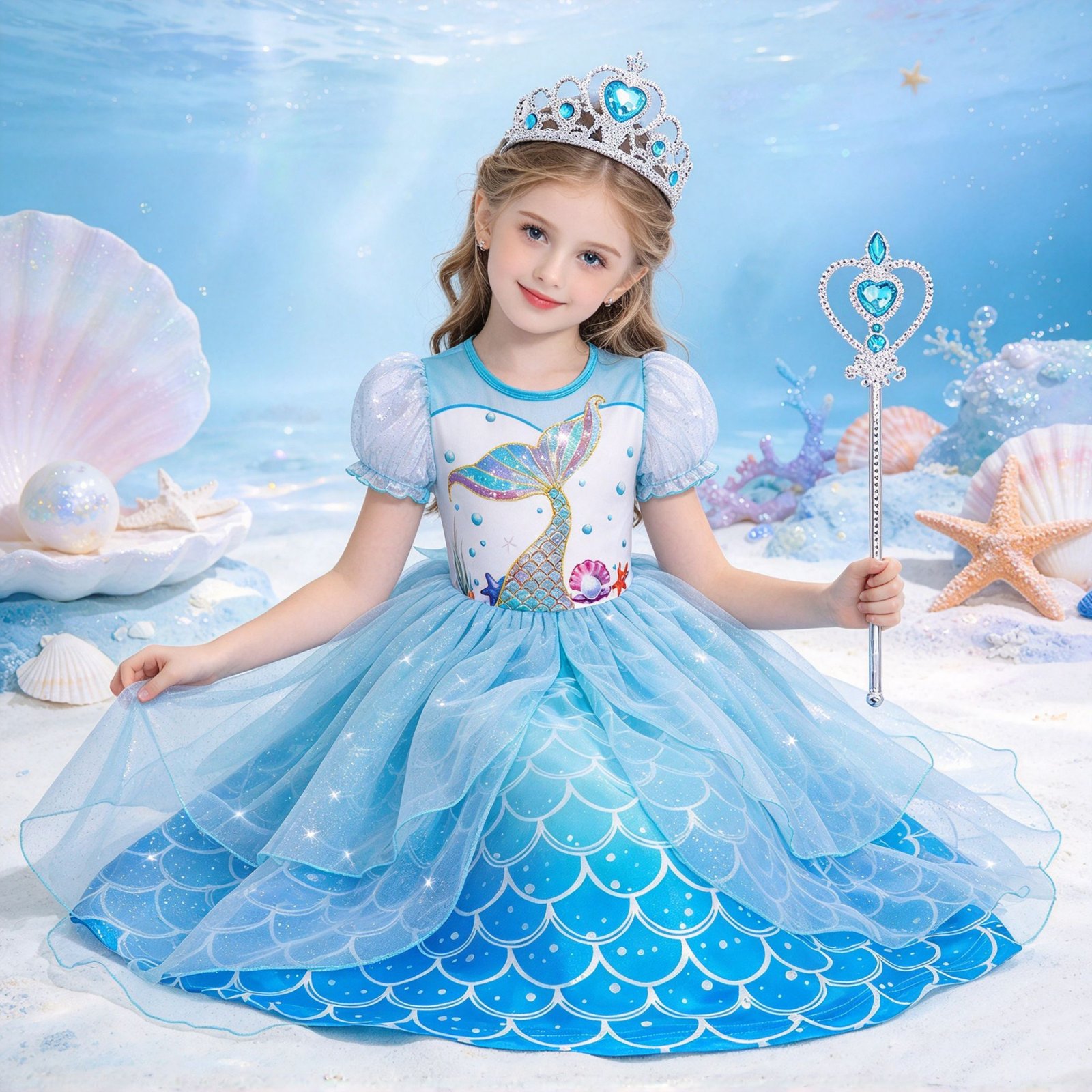Jurebecia Girls Mermaid Princess Dress up Costume 3 Piece Set with Crown and Wand Ocean Fish Scale Tulle Outfit 5-6 Years - 图片 6